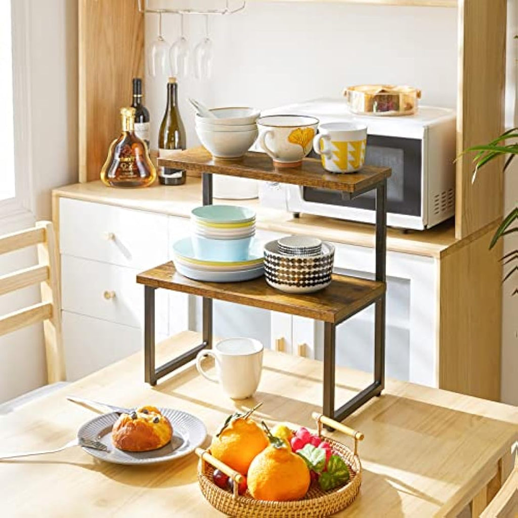 IBUYKE 2-Tier Spice Rack – Rustic Wood & Metal Kitchen Countertop Organizer