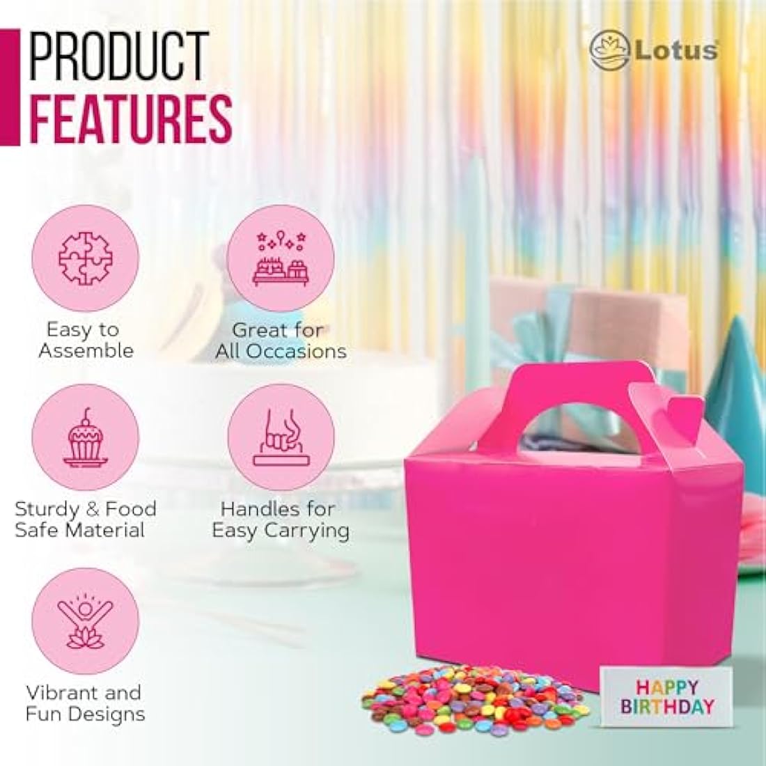Lotus Neon Pink Children's Party Boxes – 50 Pack Recyclable Meal Boxes