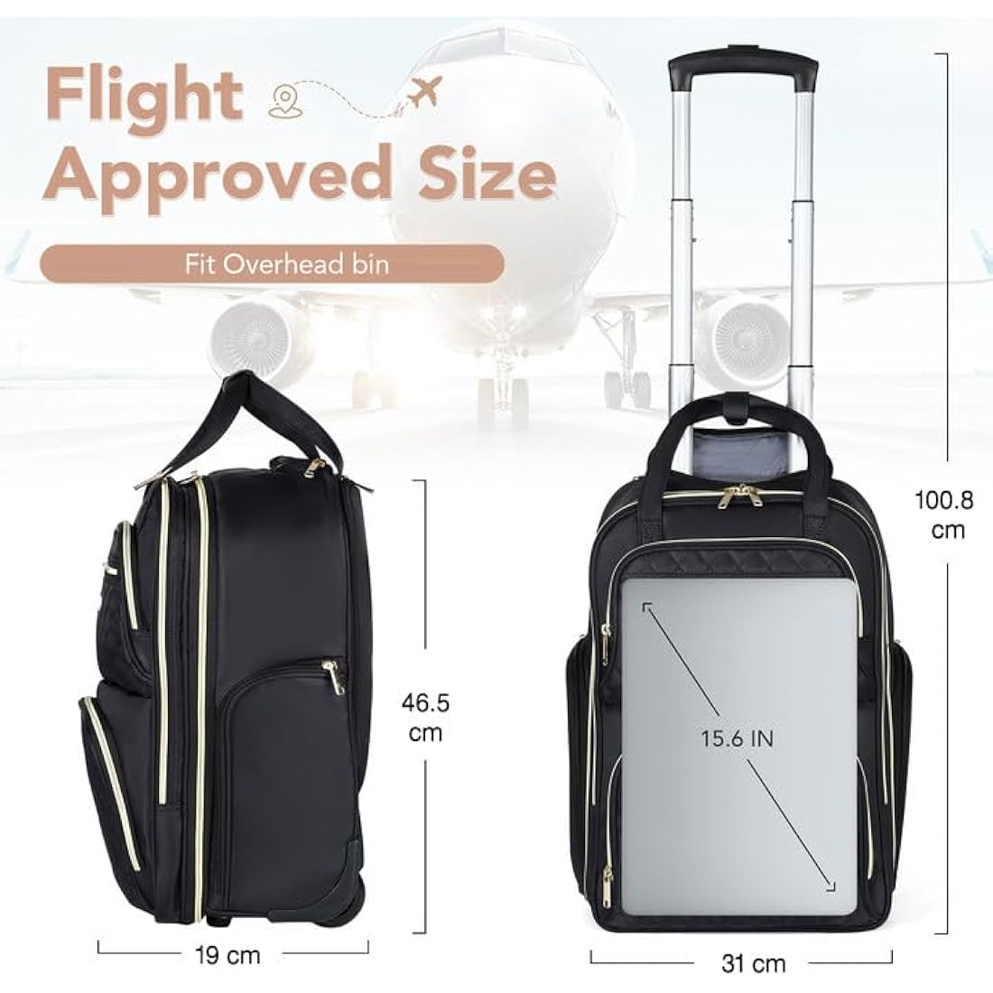 Ponhog Rolling Laptop Backpack | 15.6 Inch Wheeled Travel Bag - Black