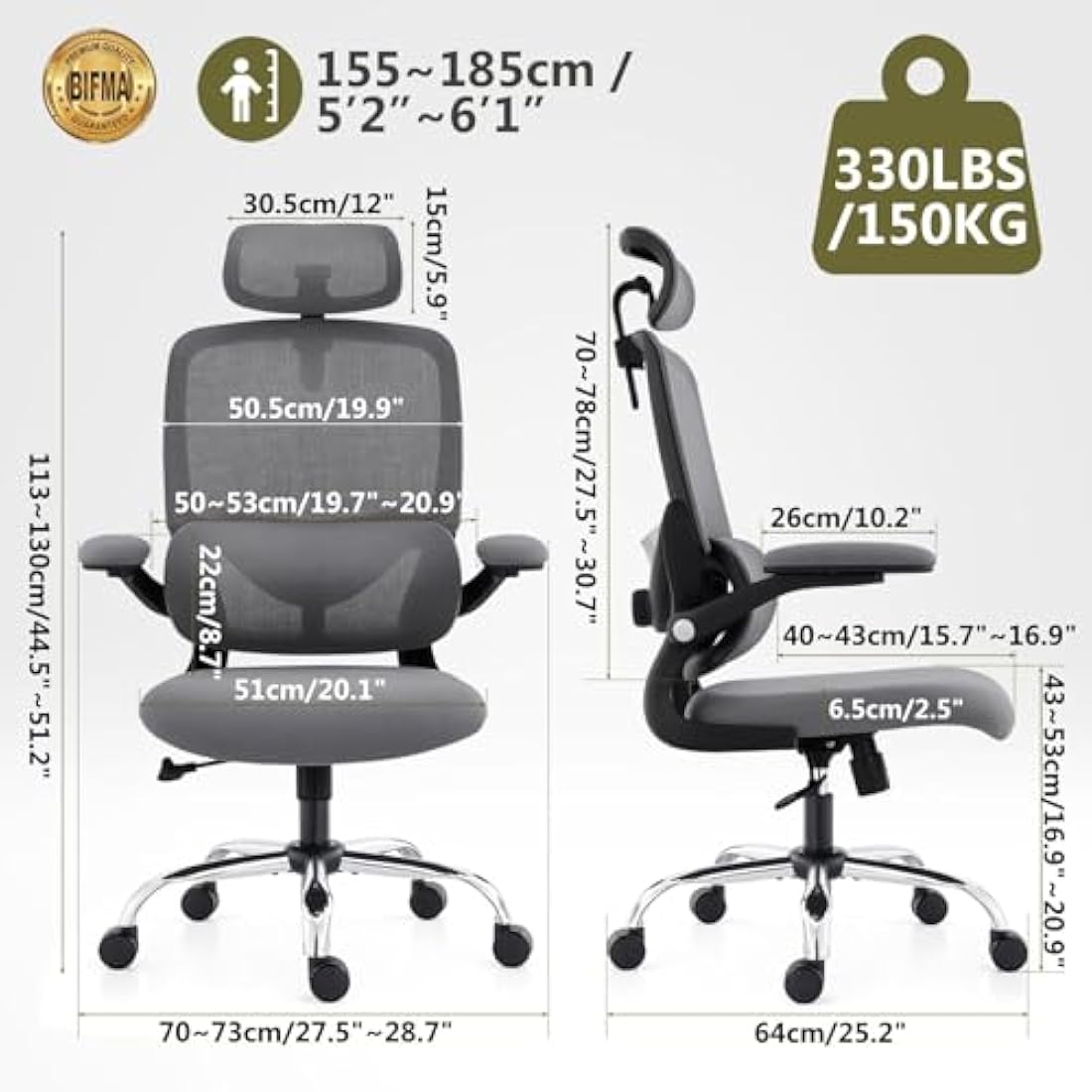 TONFARY Ergonomic Mesh Office Chair | Adjustable Lumbar & Flip-Up Arms