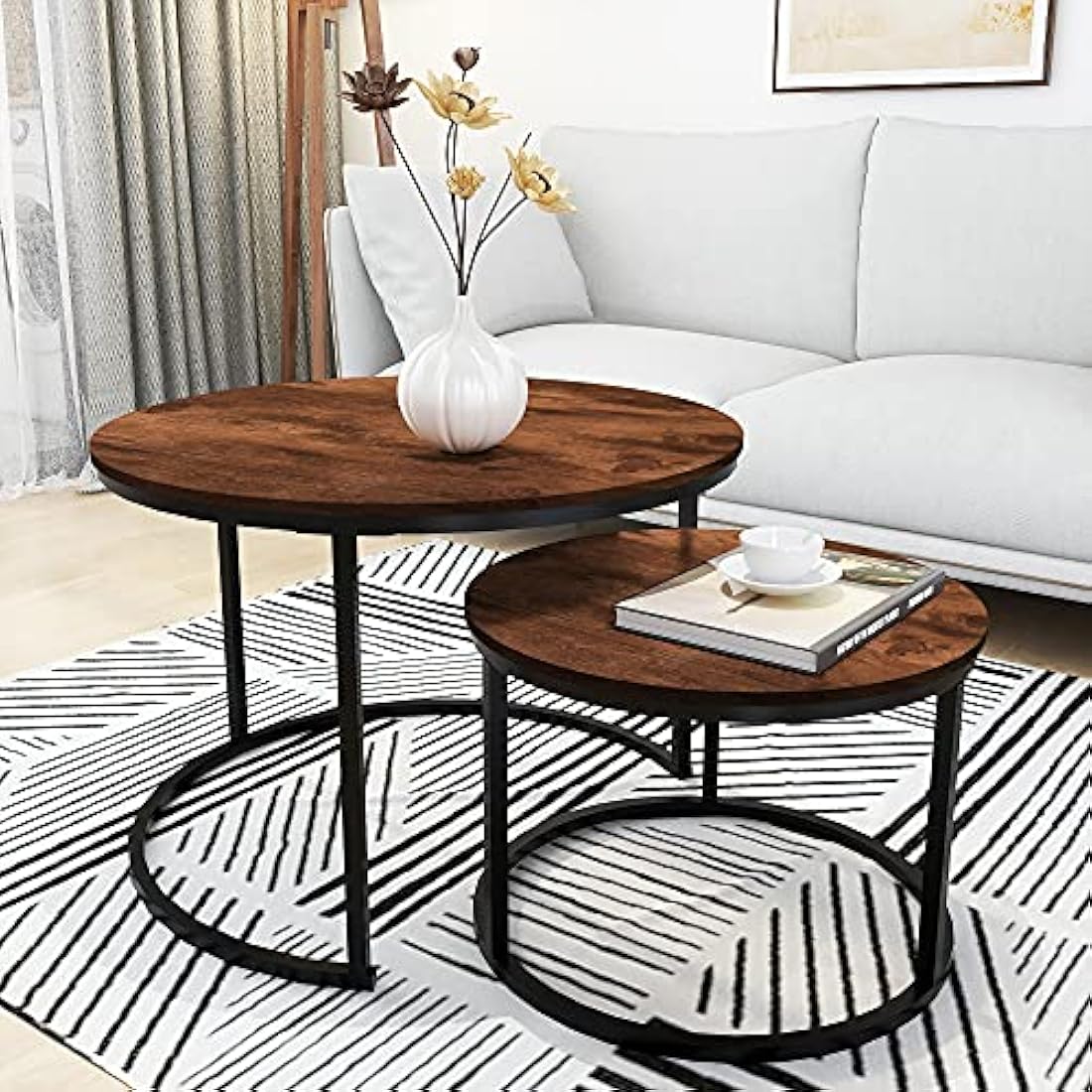 Round Nesting Coffee Table Set of 2 – Rustic Brown Wood