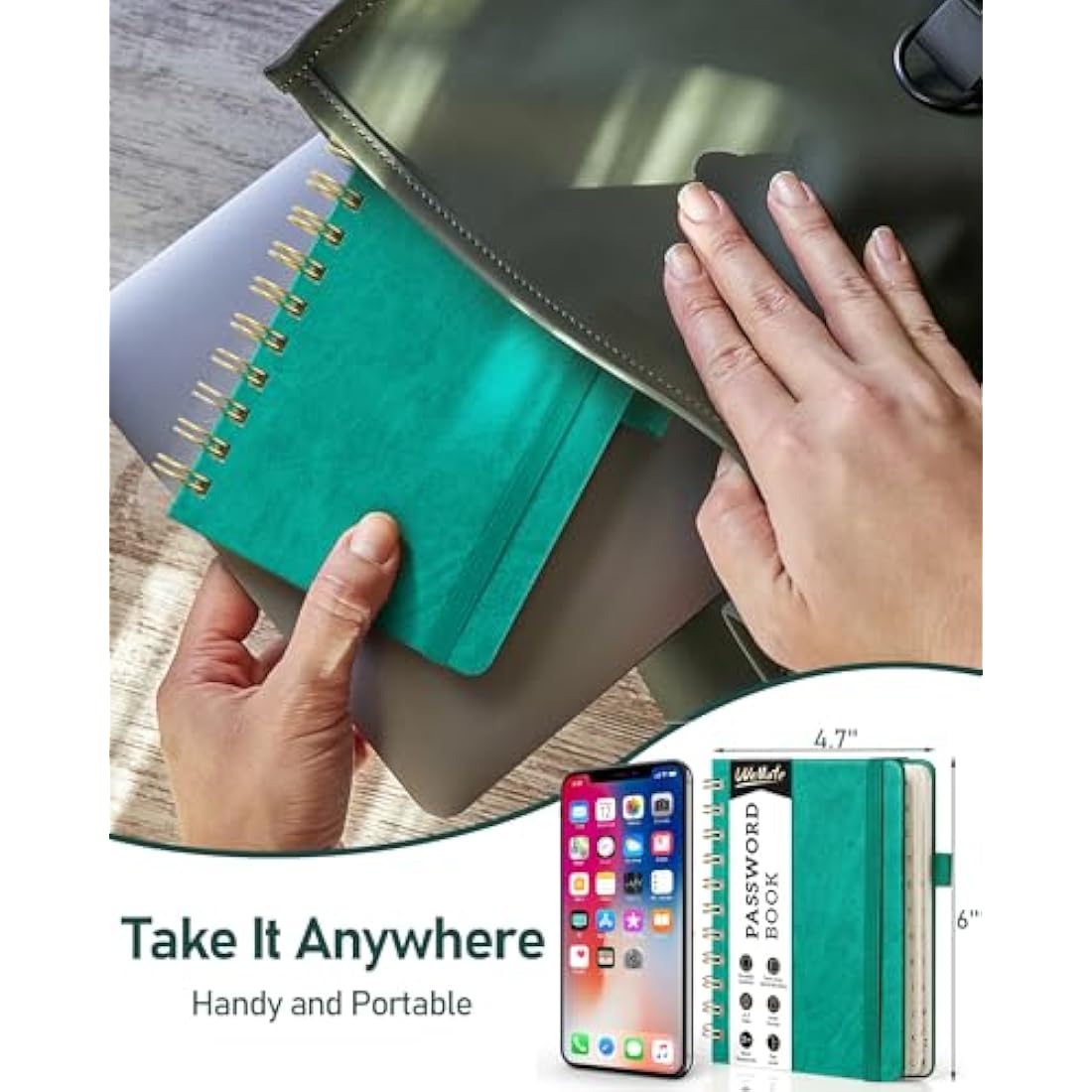 WEMATE Spiral Password Book with Alphabetical Tabs - Teal Hardcover Journal