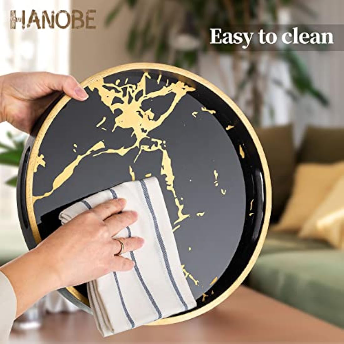 Hanobe Round Marble Pattern Wood Coffee Tray with Handles – Black, 12"