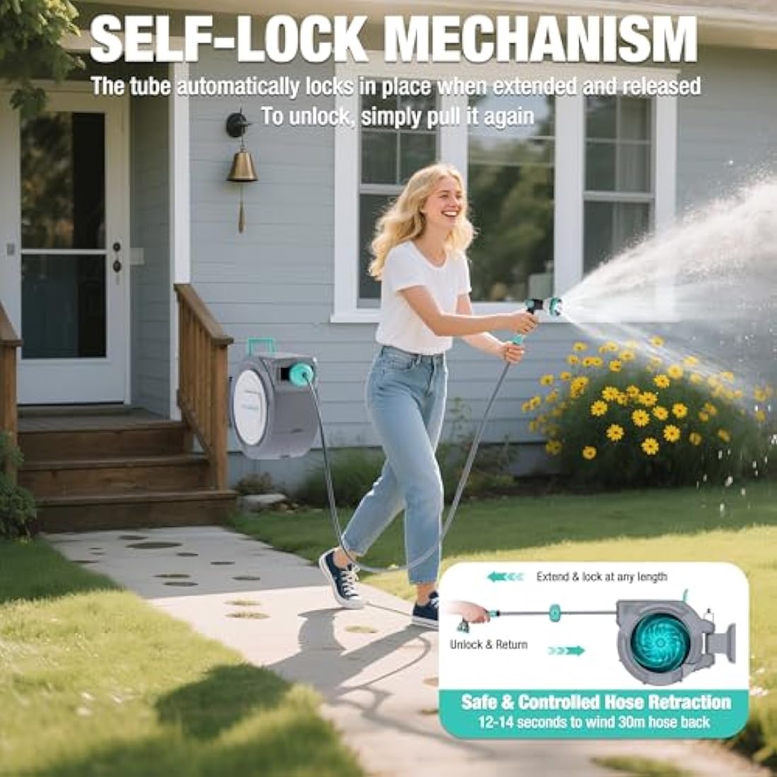 HAUSHOF 30m Wall Mounted Retractable Garden Hose Reel with 10-in-1 Spray Gun