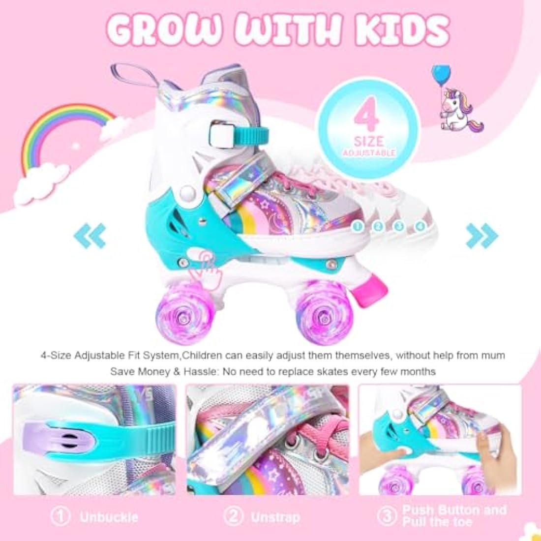 OLYSPM Kids Roller Skates | Adjustable Quad Skates with Light Up Wheels