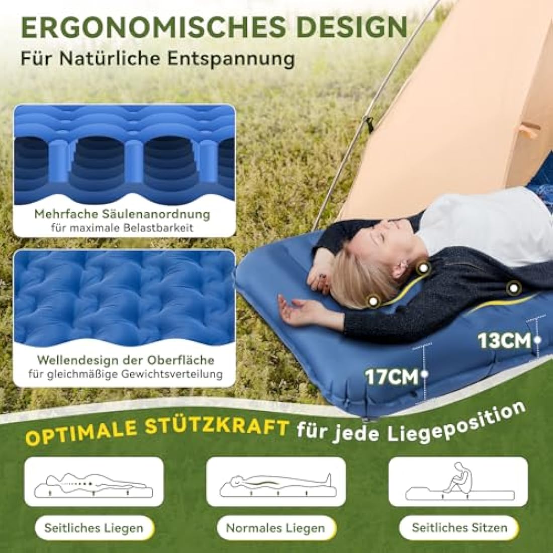HIKENTURE Self-Inflating Sleeping Mat – 13cm Thick Ultralight Camping Pad