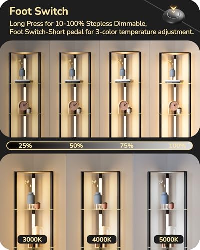 EDISHINE LED Floor Lamp with 4-Tier Glass Shelves | Dimmable Wood Light