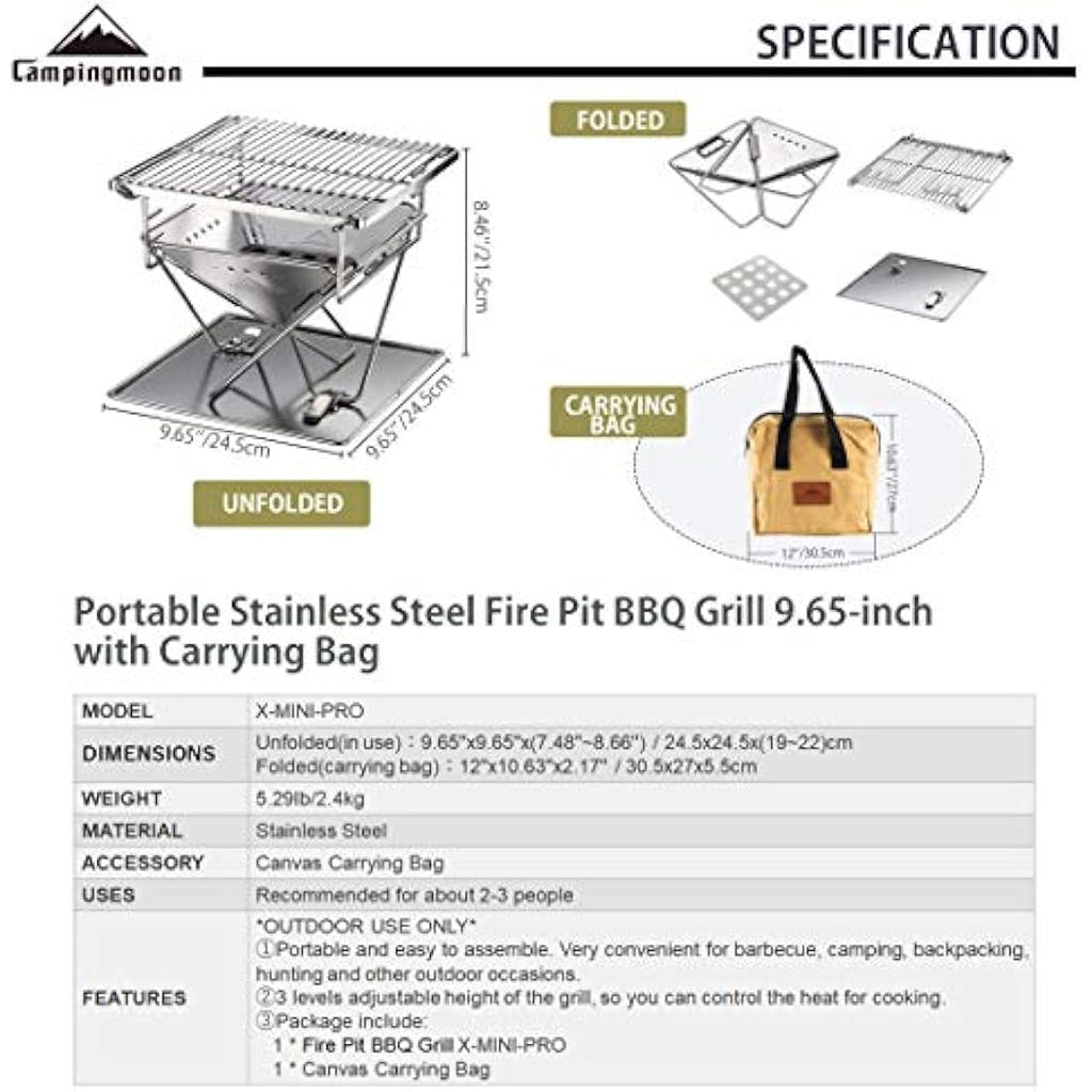 Campingmoon Portable Tabletop Charcoal Grill | Stainless Steel Mini Fire Pit