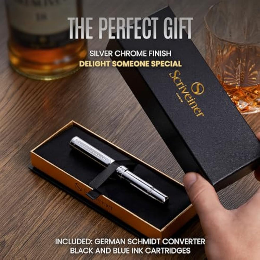 Scriveiner Silver Chrome Fountain Pen – Luxury Medium Schmidt Nib EDC Pen