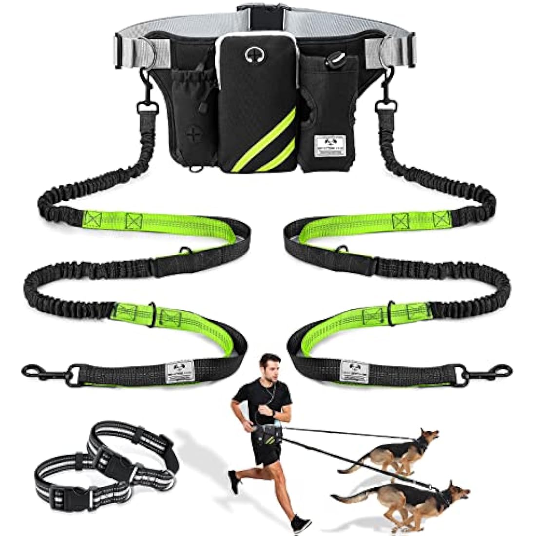 SHINE HAI Hands Free Dual Dog Leash – Reflective Running Belt with Bungees