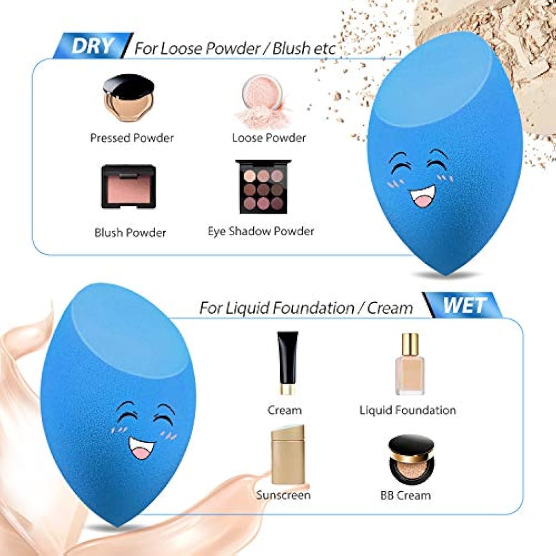 Larbois 3-Pack Makeup Blender Sponges – Non-Latex Foundation Set, Blue