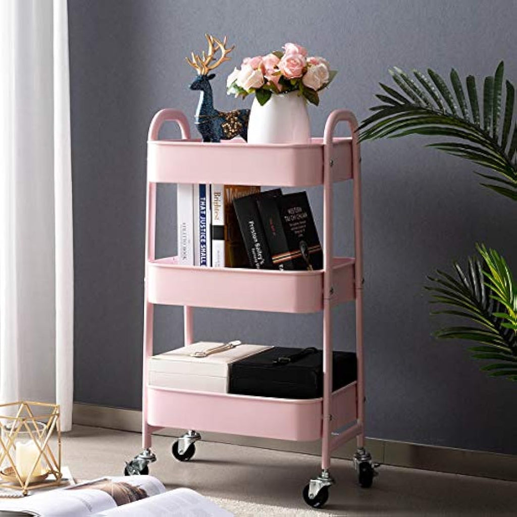 DOEWORKS 3-Tier Metal Rolling Storage Cart | Pink Utility Trolley