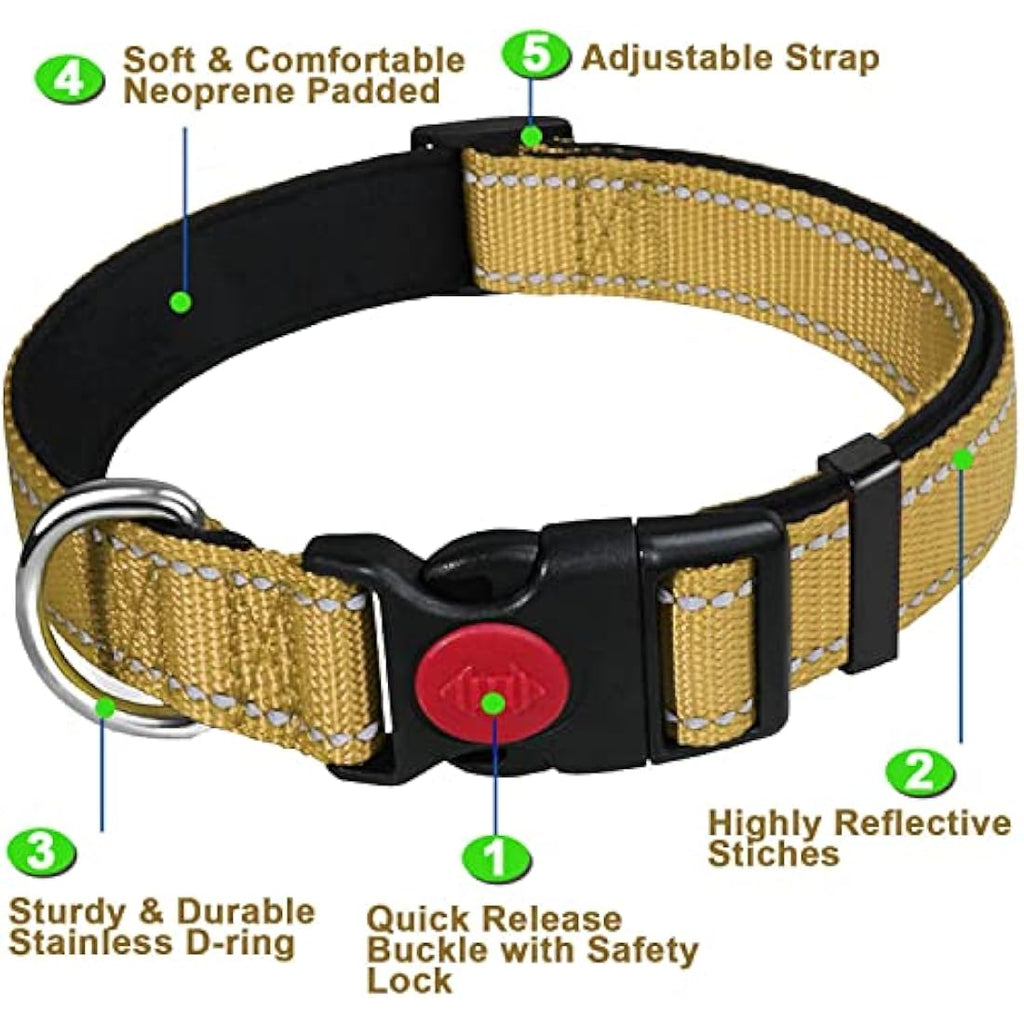 ATETEO Reflective Nylon Dog Collar | Padded Adjustable Safety Pet Collar