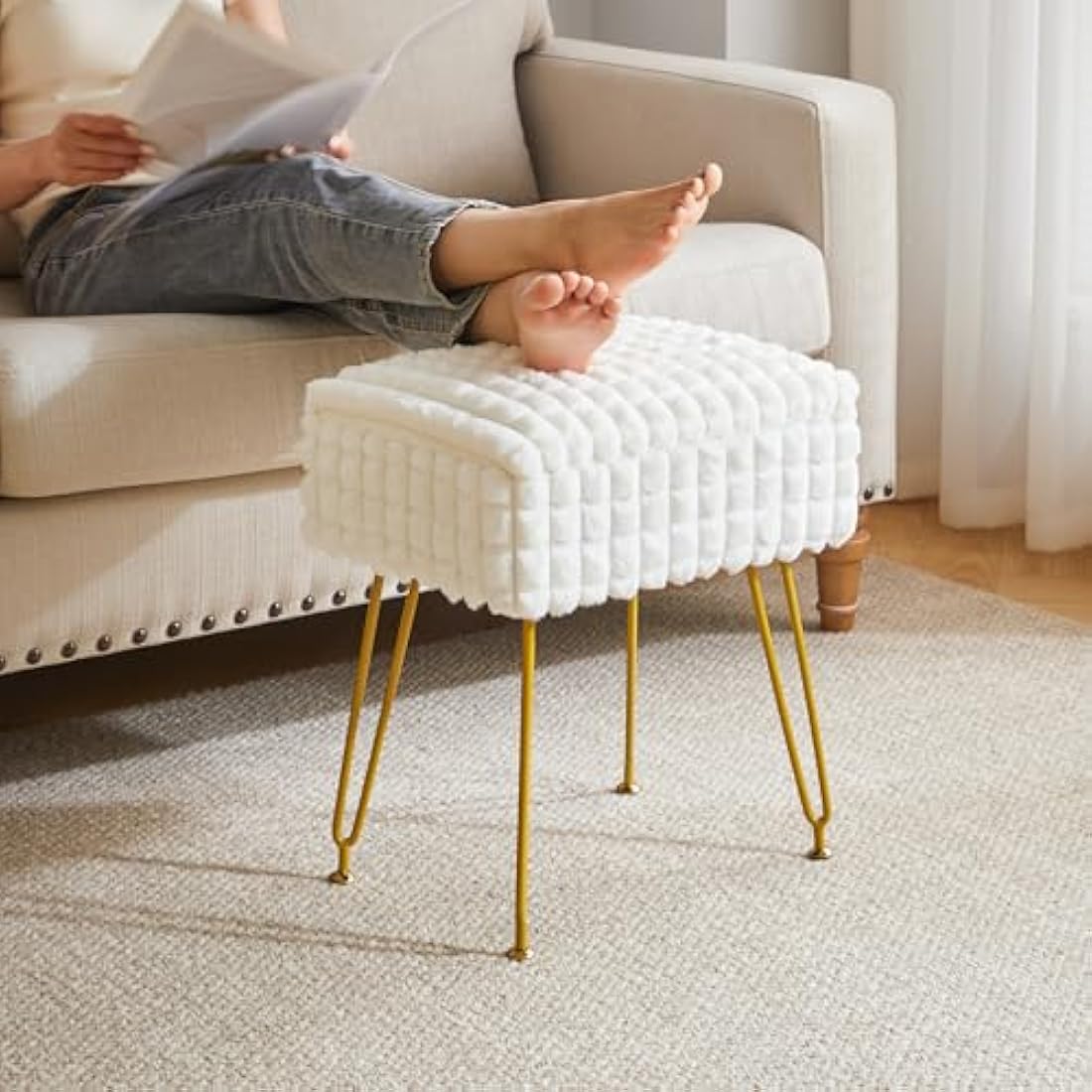 IBUYKE Storage Vanity Stool – White Faux Leather Ottoman Footrest Chair