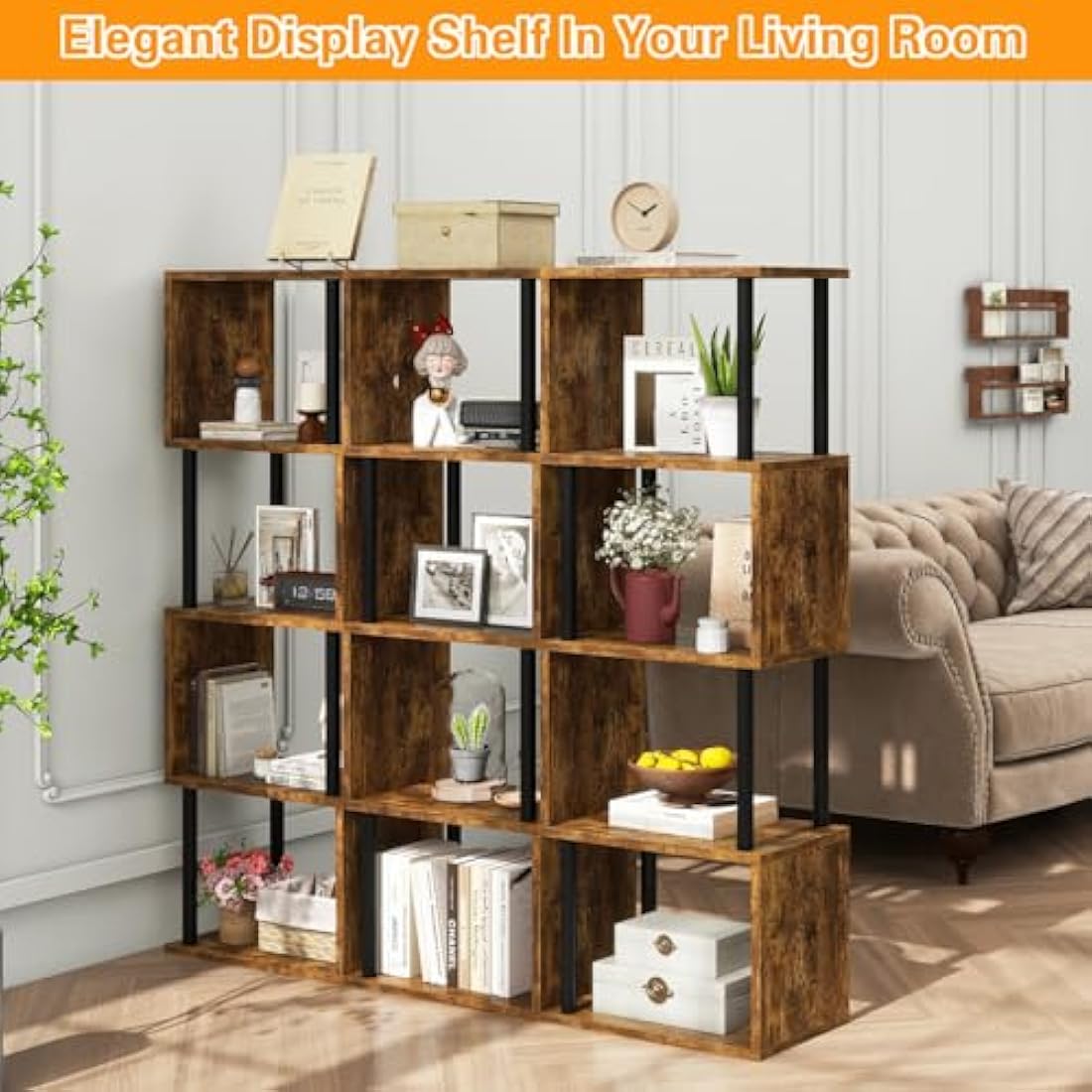 S-Shaped 5-Tier Tall Bookshelf | Rustic Brown Wood Bookcase