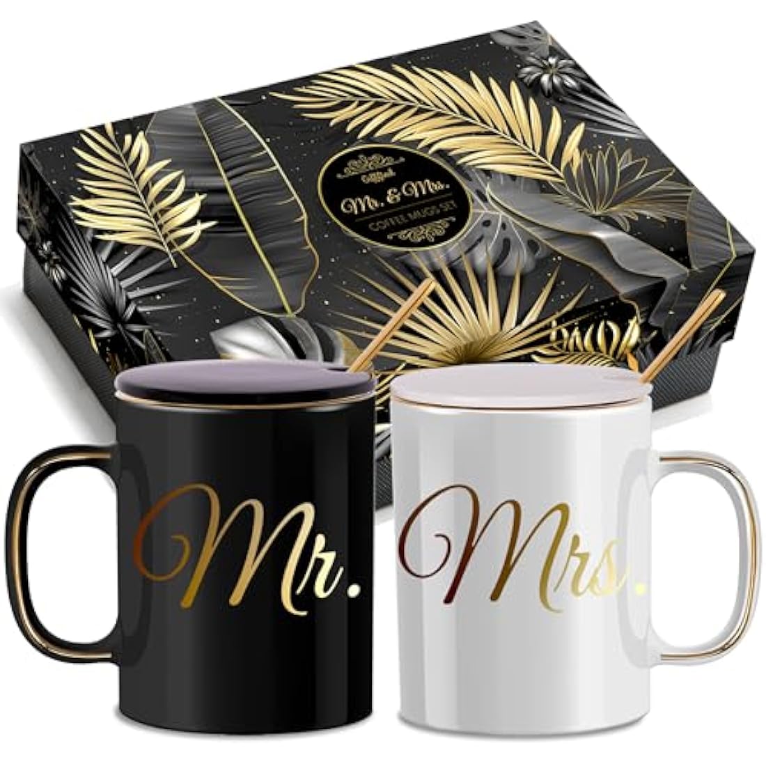 Triple Gifffted Mr and Mrs Ceramic Coffee Mug Set with Lids - 380ml