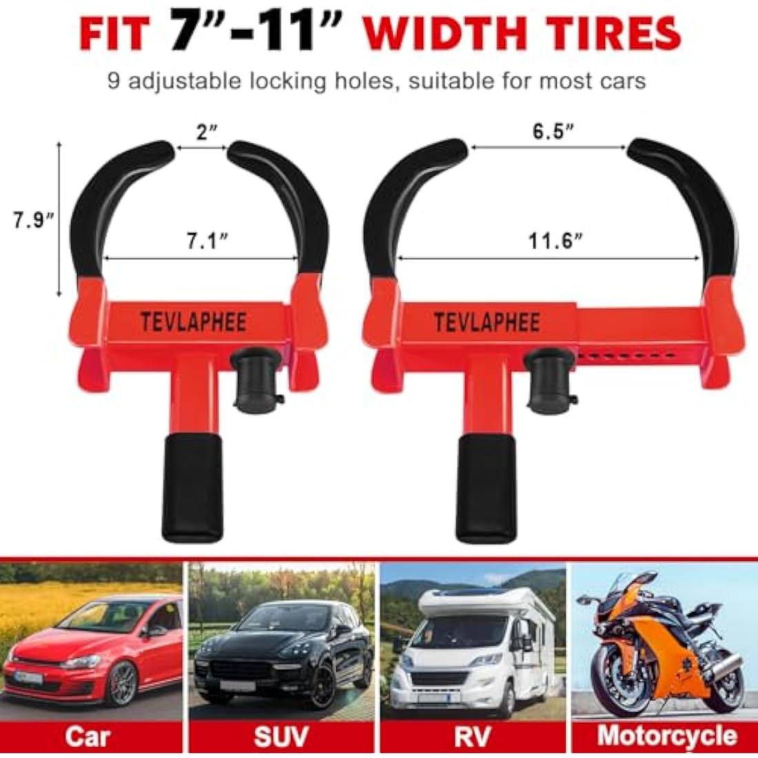 Tevlaphee Heavy Duty Wheel Clamp Lock | Anti-Theft Car Boot for 7-11" Tyres