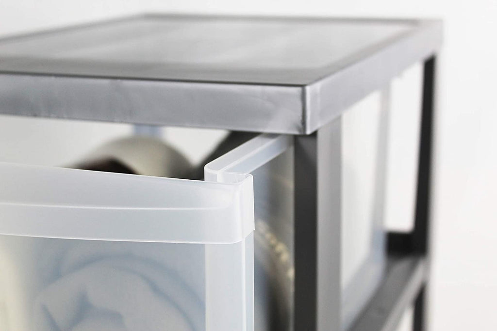 Iris Ohyama 4-Drawer Plastic Storage Tower with Wheels | A4 Silver Organiser