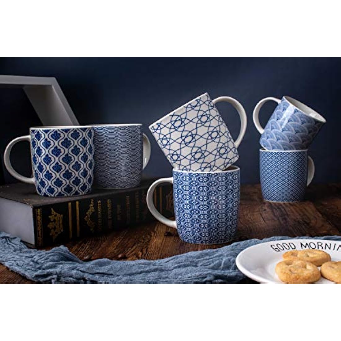 MACHUMA Ceramic Coffee Mugs - 6 Pack Blue & White Geometric Cup Set