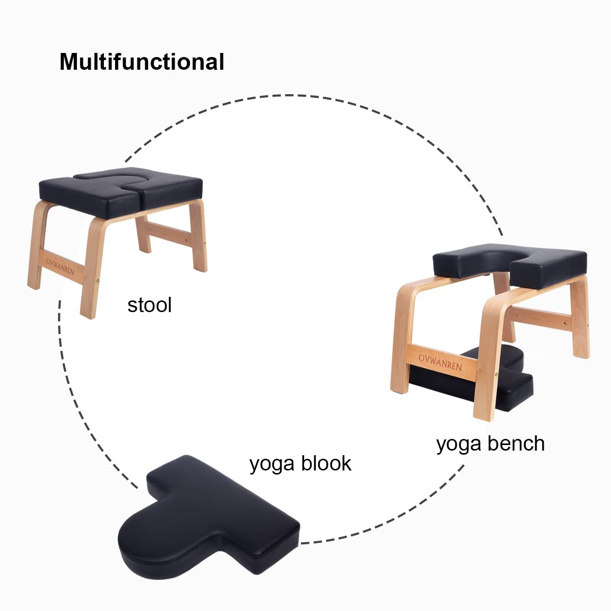 ovwanren Yoga Headstand Bench - Wood Inversion Chair with PU Pads, Black