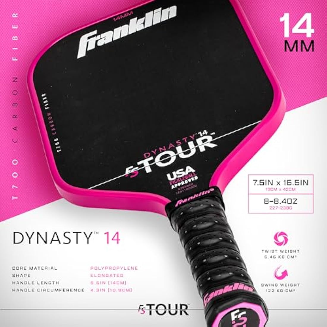 Franklin Sports FS Tour Pickleball Paddle | T700 Raw Carbon Fiber