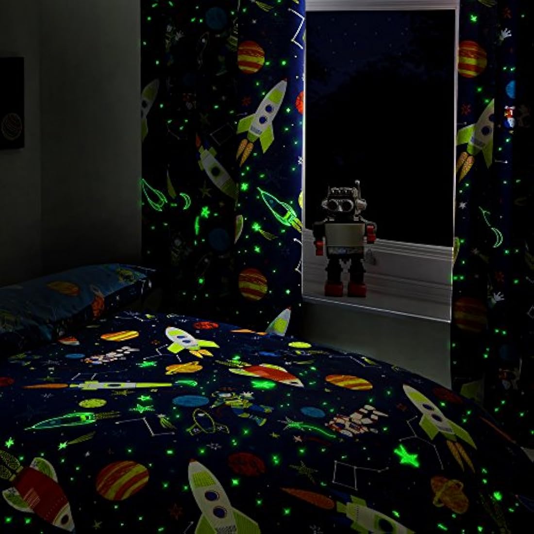 Bedlam Supersonic Glow in the Dark Kids Space Curtains - Blue, 66x72