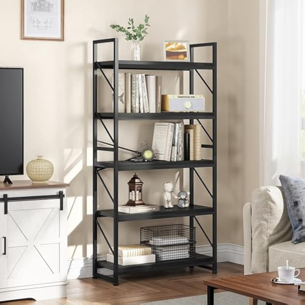 Jolof Store 5-Tier Industrial Bookcase – Rustic Wood and Metal Shelf