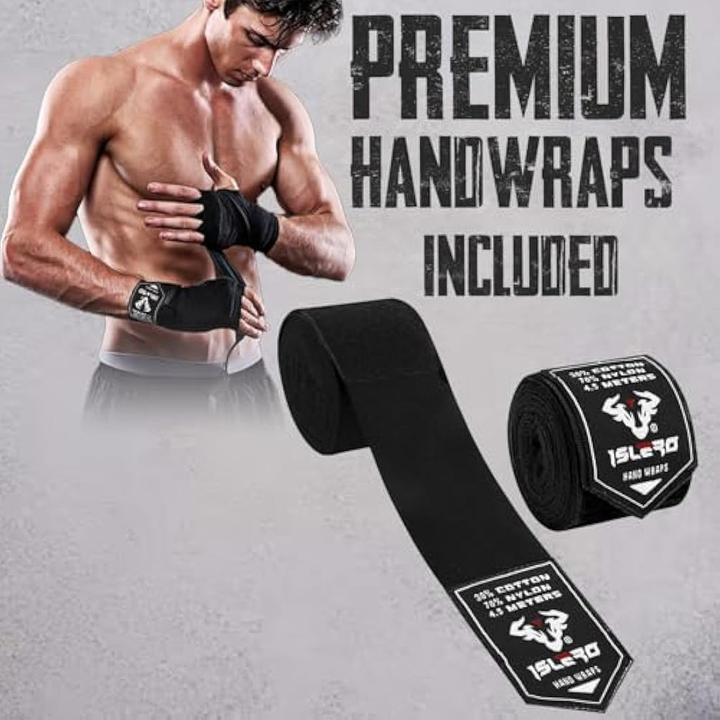 Islero EVO Matte Faux Leather Boxing Gloves with Hand Wraps – MMA Muay Thai