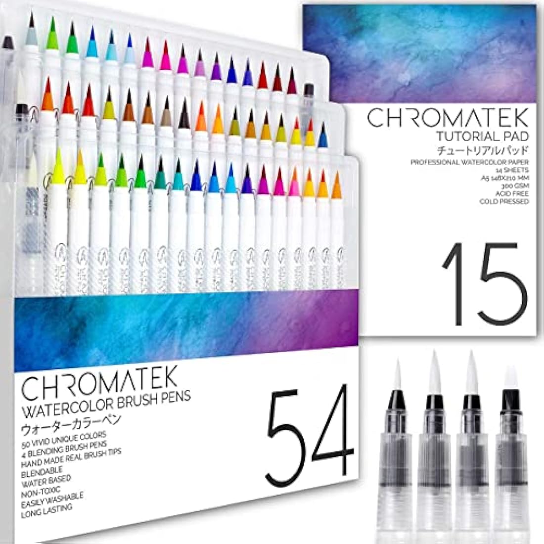 Chromatek Watercolor Brush Pen Set - 54 Pieces with Tutorial Pad