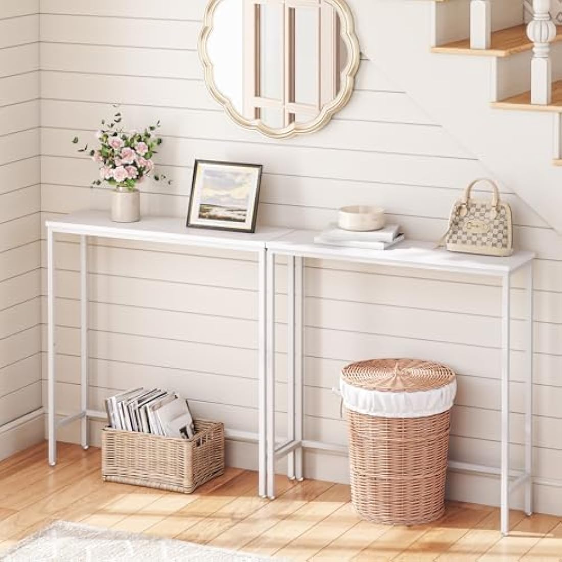 HOOBRO Slim Console Table – Modern White Metal Entryway Sofa Table