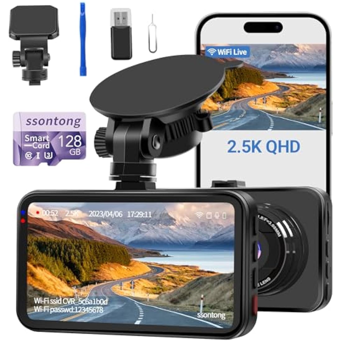 Jolof Store 2.5K WiFi Dash Cam – 1440P Car Camera with 128GB Card & Night Vision