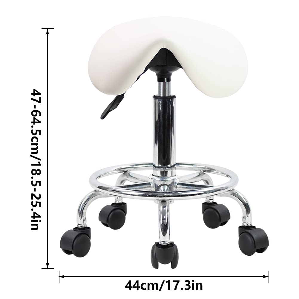 KKTONER White Saddle Stool with Footrest - Adjustable Rolling Salon Chair