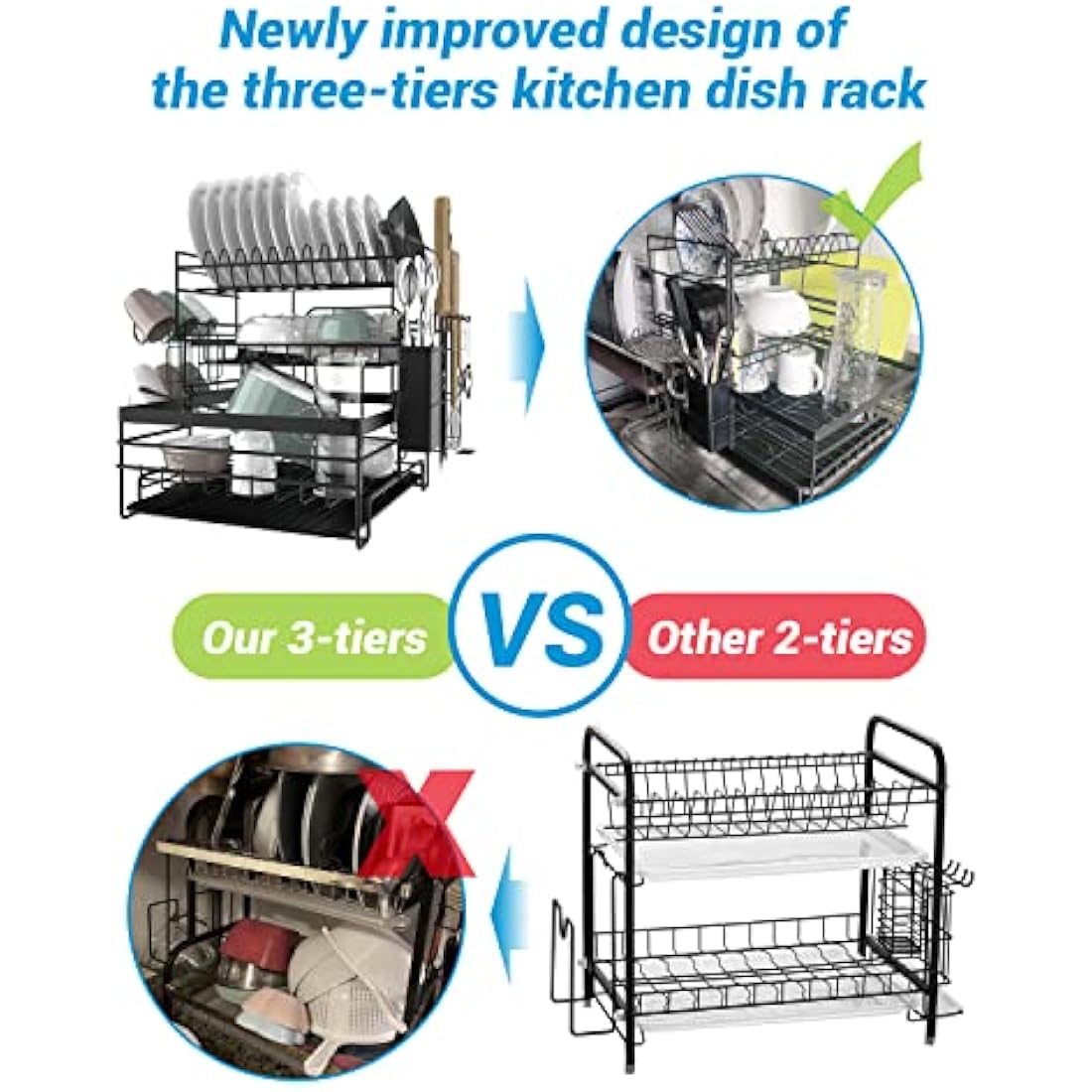3-Tier Dish Drying Rack | Stainless Steel Sink Drainer, Black