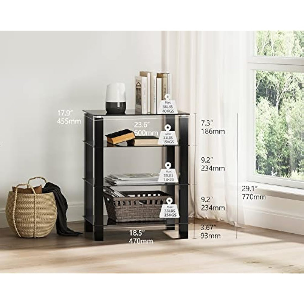 FITUEYES 4-Tier HiFi Rack | Black Tempered Glass AV Media Stand