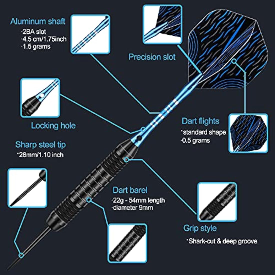 DARTSPACE 12 Pack Steel Tip Darts Set | 22-24g Professional Metal Darts