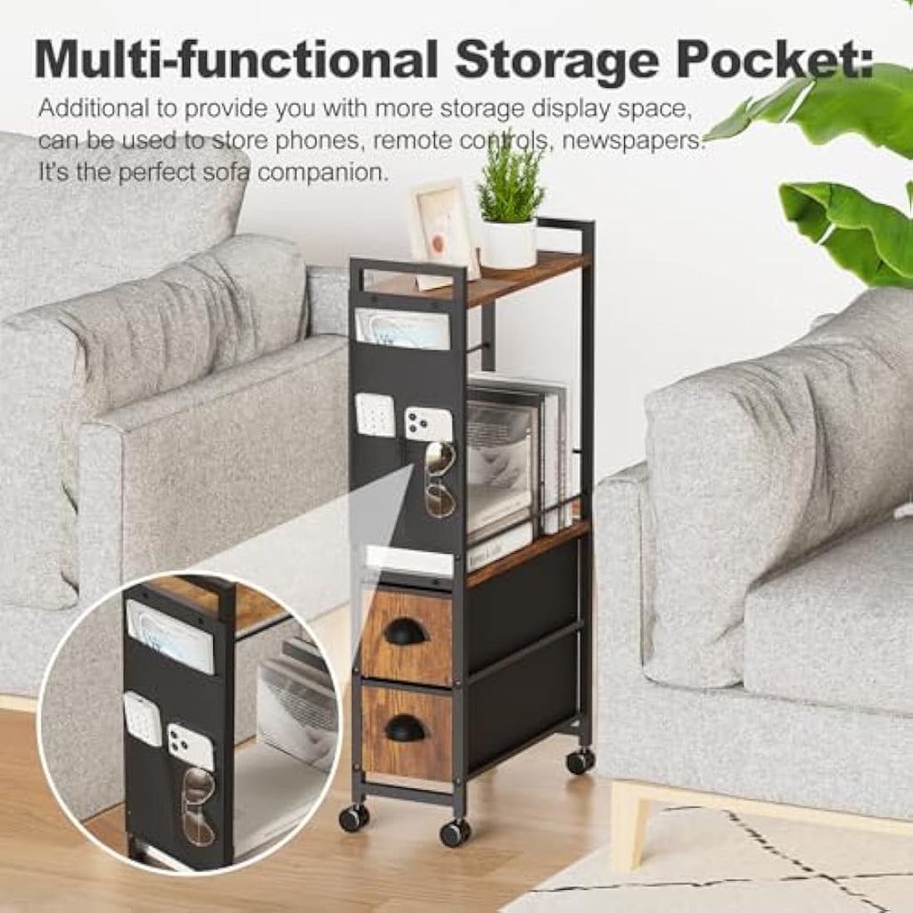 LyTaispuly Narrow Side Table with Drawers and Wheels – Rustic Slim Nightstand