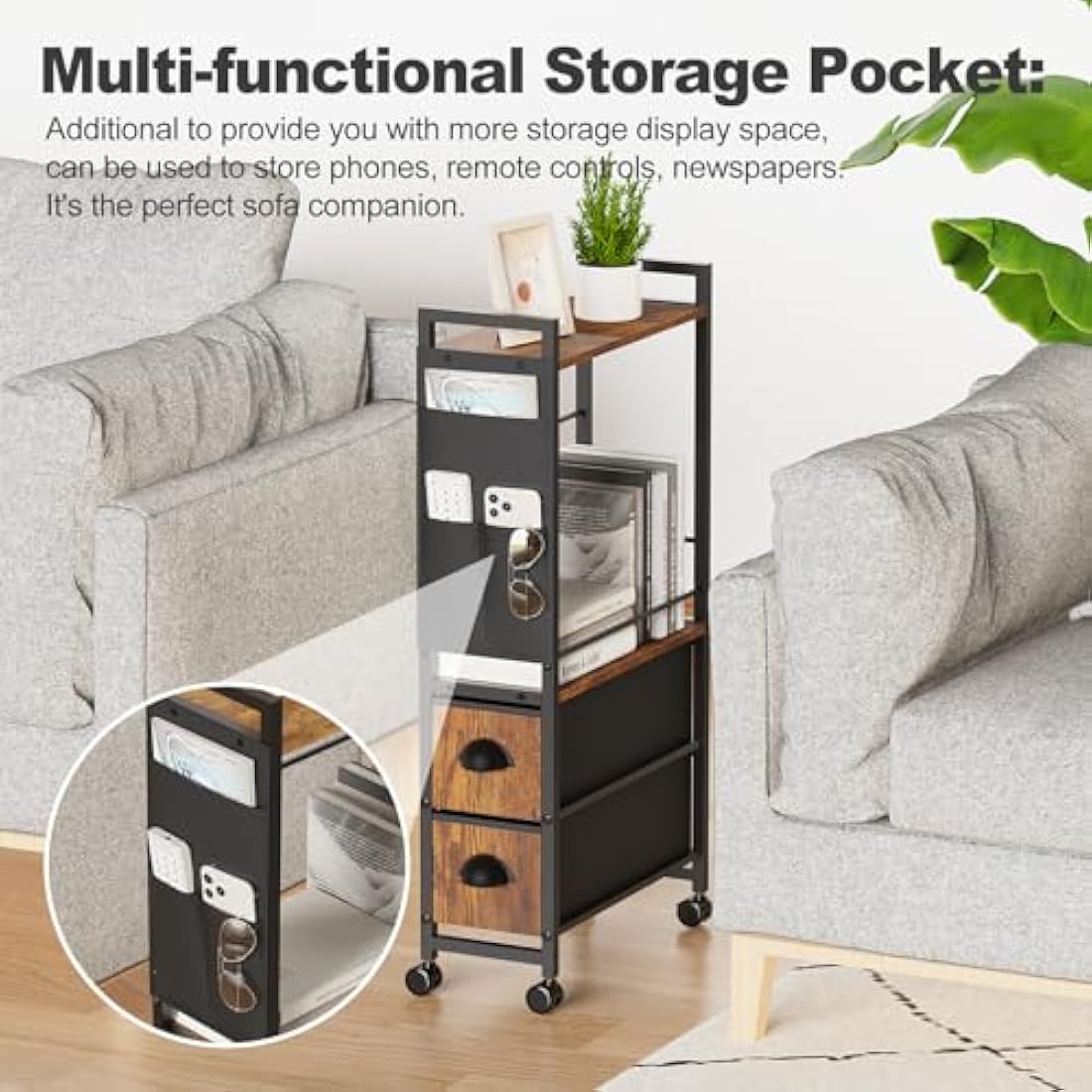 LyTaispuly Narrow Side Table with Drawers and Wheels – Rustic Slim Nightstand