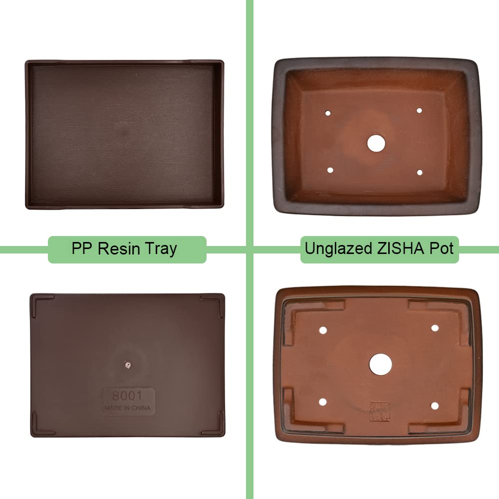 MUZHI 8.5 Inch Zisha Clay Bonsai Planter Pot with Tray - Unglazed Rectangle