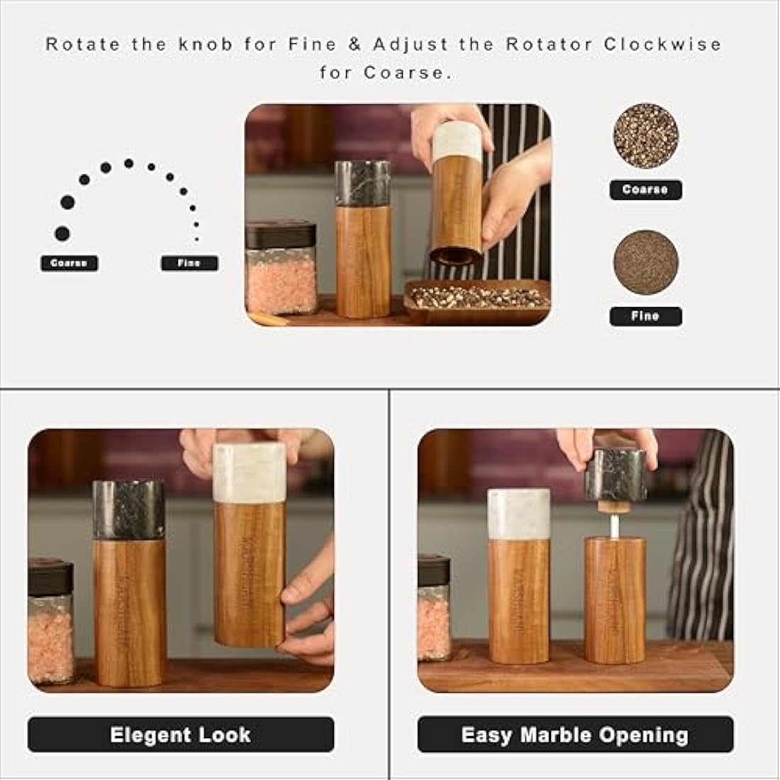 Jolof Store Acacia Wood and Marble Salt and Pepper Grinder Set