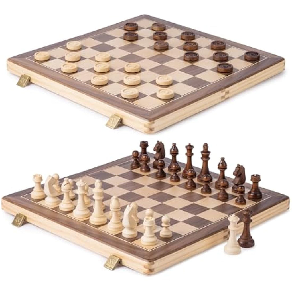 A&A 15" Wooden Folding Chess and Checkers Set | 3" Staunton Pieces