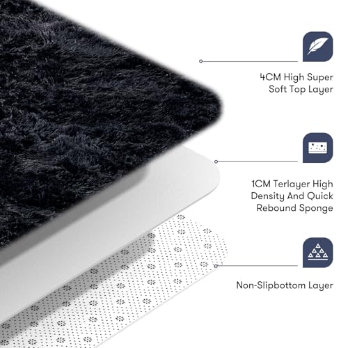JOJOSEE Black Shaggy Area Rug – 160x230cm Non-Slip Fluffy Living Room Mat