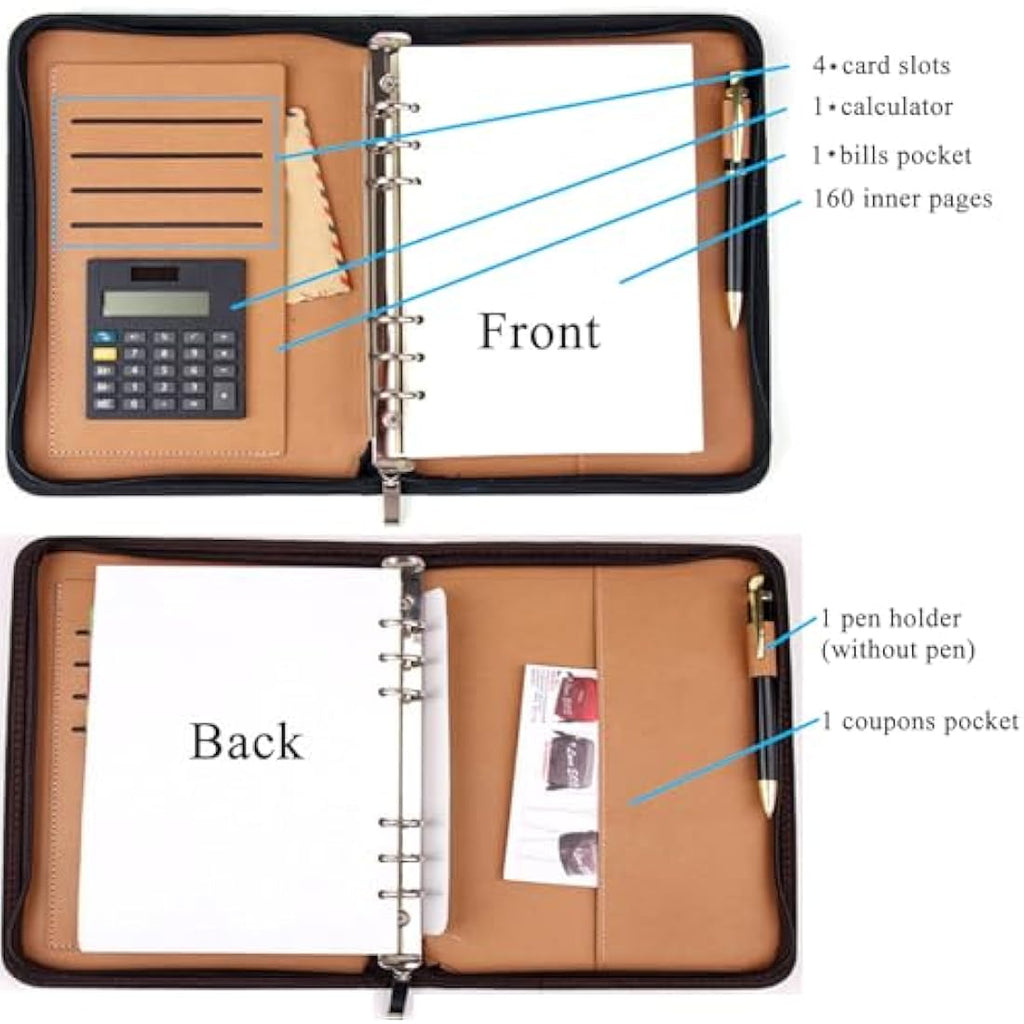 KXF A5 PU Leather Zipped Conference Folder | Refillable Ring Binder Padfolio