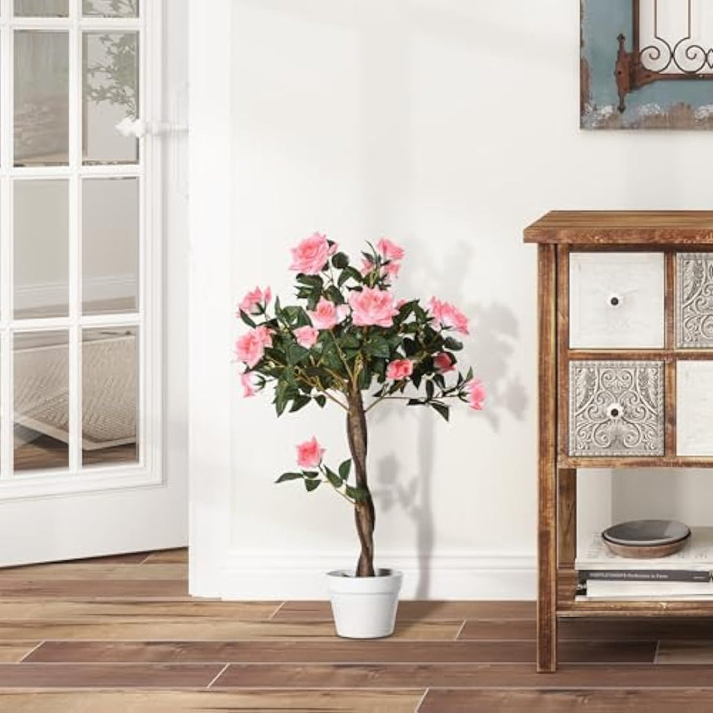 Outsunny 90cm Artificial Rose Tree | Pink Faux Decorative Plant with Pot