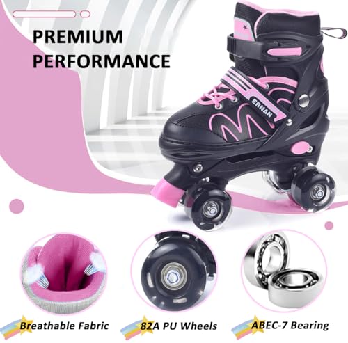 ERNAN Kids Roller Skates | Adjustable 4 Sizes with 8 Light Up Wheels - Pink