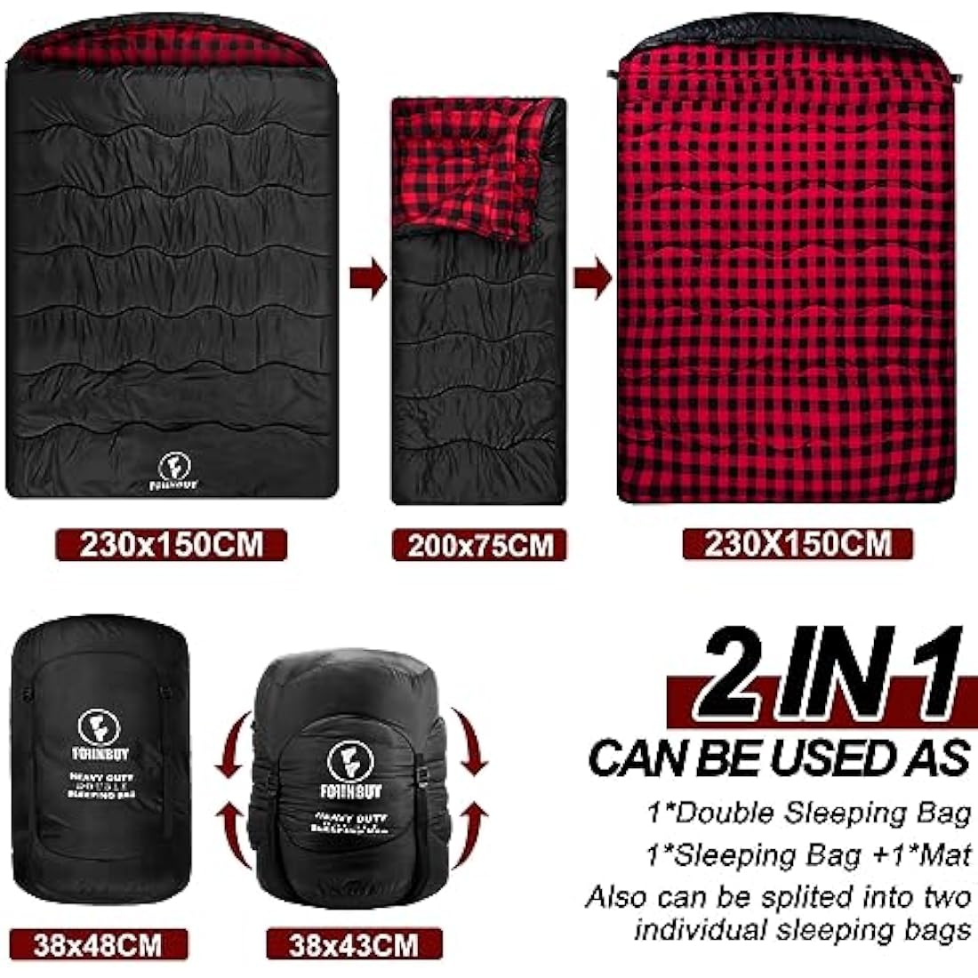FORINBUY Double Sleeping Bag – Winter Cotton Flannel Queen Size 2 Person