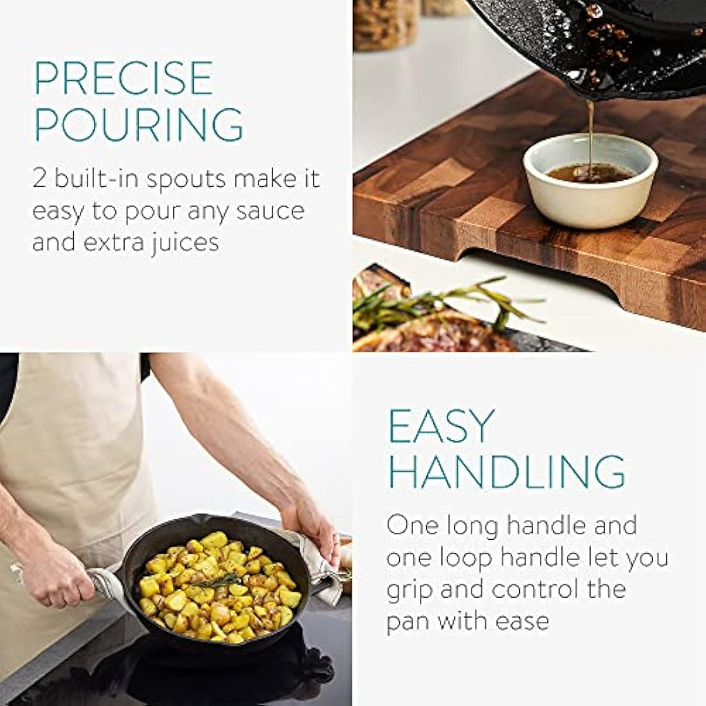Navaris Pre-Seasoned Cast Iron Skillet Pan | 10 Inch Dual Handle Frying Pan