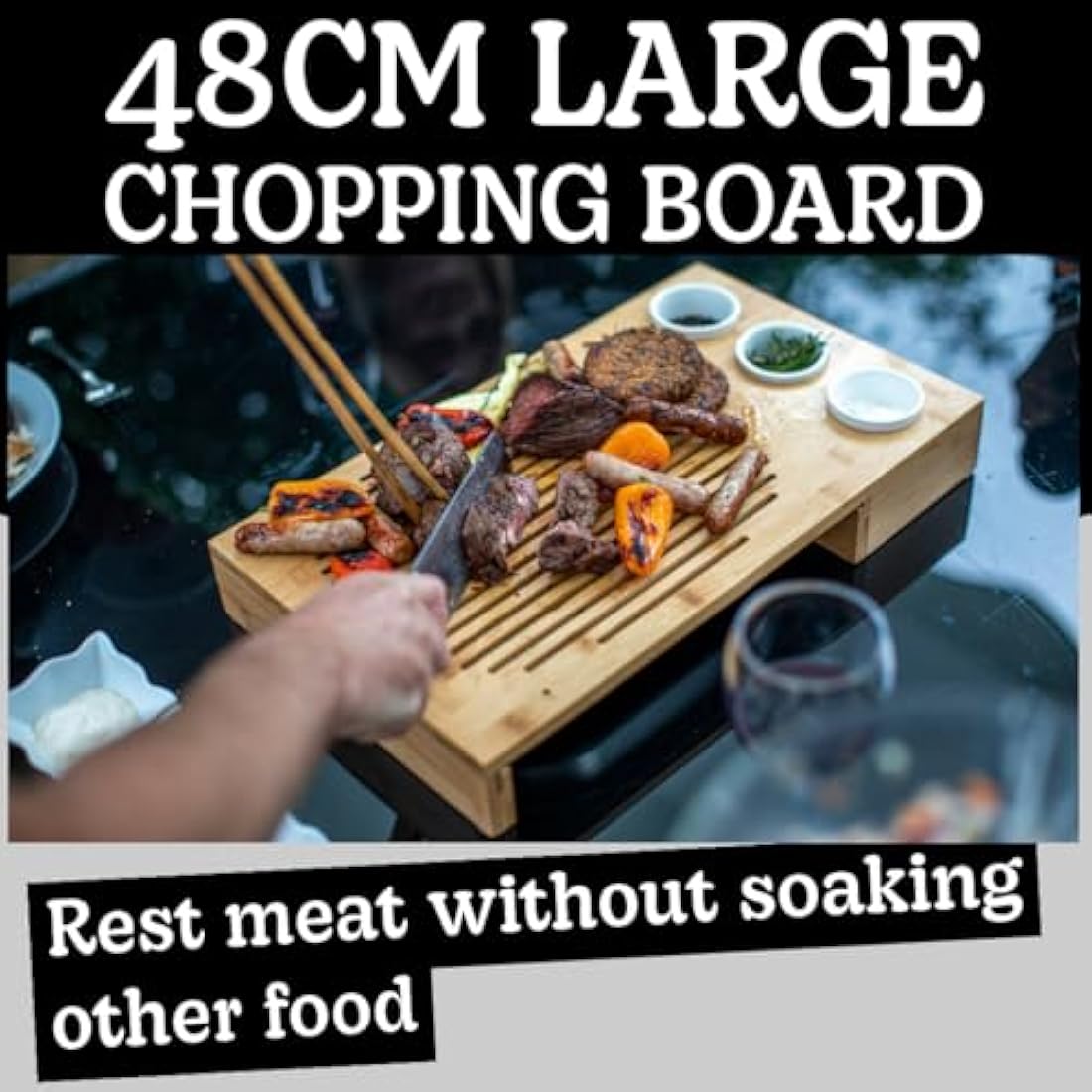 Dan&Co Bamboo Meat Carving Board with Drip Tray and 3 Dipping Pots