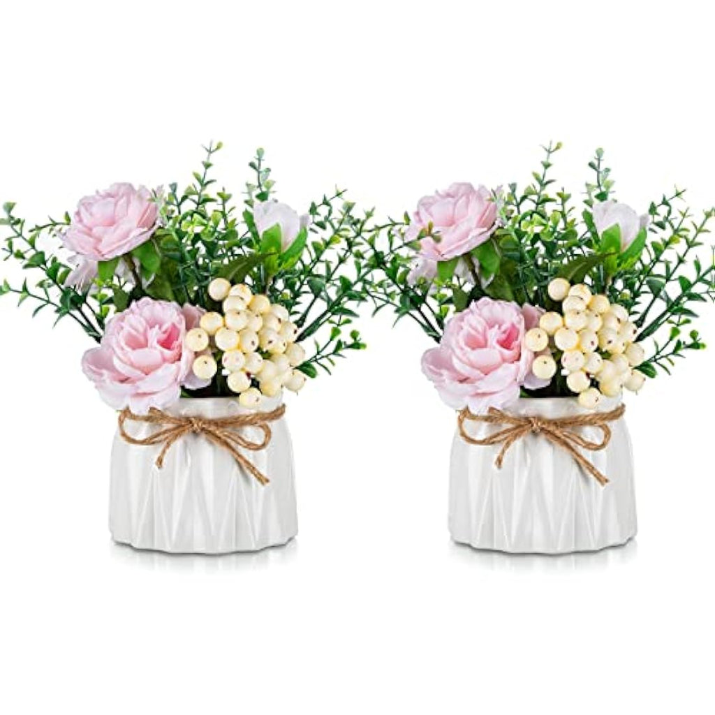 Blosmon Artificial Pink Silk Roses in Ceramic Vases - 2 Piece Table Decor