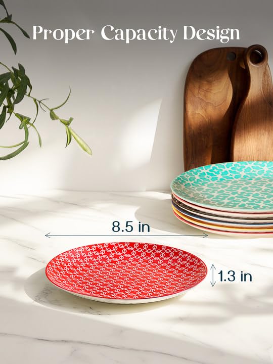 DOWAN 21.6cm Ceramic Side Plates – Set of 6 Colorful Geometric Dessert Plates