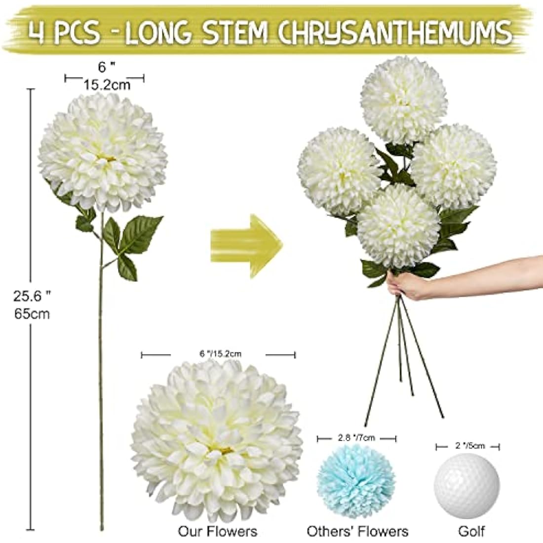 Large White Silk Chrysanthemum Flowers - 4 Pcs Faux Ball Flowers